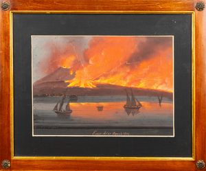 Scuola napoletana, secolo XIX : Due gouaches raffiguranti eruzione notturna del Vesuvio  - Asta Incanti d'Arte - Associazione Nazionale - Case d'Asta italiane