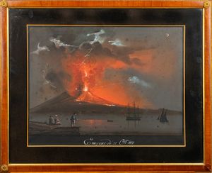 Scuola napoletana, secolo XIX : Due gouaches raffiguranti eruzione notturna del Vesuvio  - Asta Incanti d'Arte - Associazione Nazionale - Case d'Asta italiane
