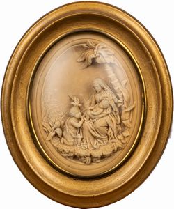 Scuola francese, fine secolo XIX - inizi secolo XX - Bassorilievo in pietra calcarea raffigurante Madonna con Bambino e San Giovannino