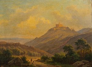 Scuola italiana, fine secolo XVIII - inizi secolo XIX - Paesaggio laziale con borgo turrito