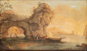Imitatore di Claude-Joseph Vernet - Marina con arco naturale in primo piano