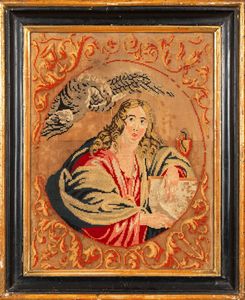 Arazzo raffigurante San Giovanni Evangelista entro cornice tra motivi a volute, secolo XIX  - Asta Incanti d'Arte - Associazione Nazionale - Case d'Asta italiane