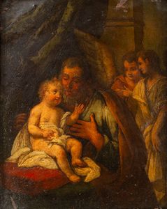 Scuola dell'Italia centrale, secolo XVII : San Giuseppe con il Bambino e due Angeli  - Asta Incanti d'Arte - Associazione Nazionale - Case d'Asta italiane