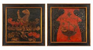 Scuola dell'Italia settentrionale, secolo XVII - Due tavelle da soffitto con stemmi nobiliari