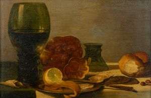 Imitatore di Pieter Claesz. - Natura morta con bicchiere di vetro e limone su un tavolo