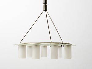 STILUX : Lampada a sospensione a nove luci, Milano.  - Asta Asta 503 | DESIGN E ARTI DECORATIVE DEL NOVECENTO Virtuale - Associazione Nazionale - Case d'Asta italiane