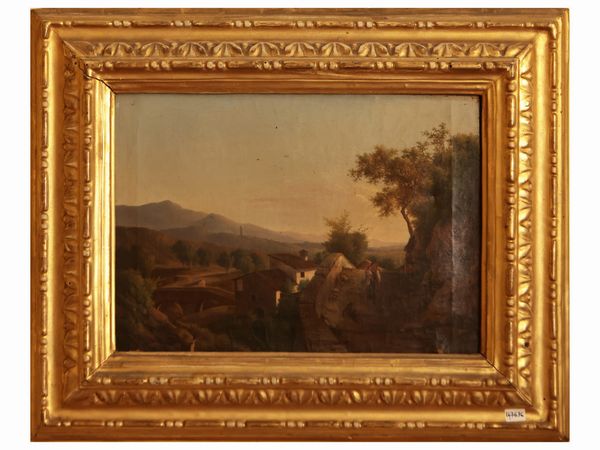 Scuola italiana del XIX/XX secolo : Paesaggio con casolare e viandante  - Asta Due case fiorentine - Associazione Nazionale - Case d'Asta italiane
