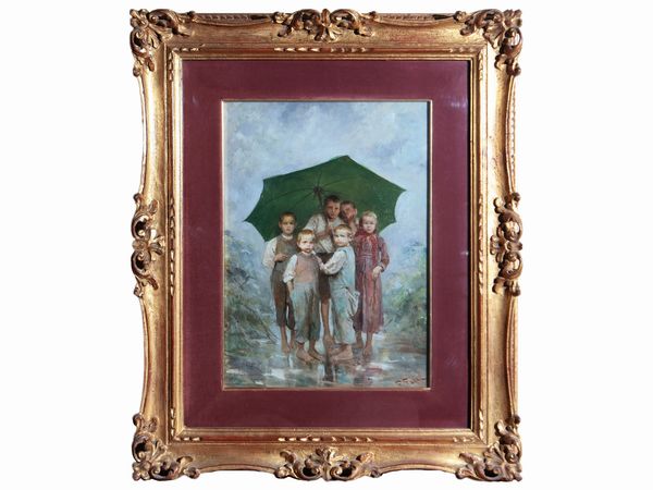 Fabio Fabbi : Bambini sotto la pioggia  - Asta Due case fiorentine - Associazione Nazionale - Case d'Asta italiane