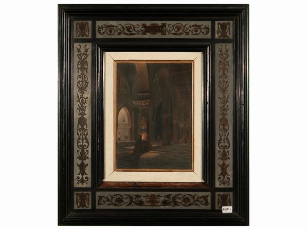 Scuola toscana della metà del XIX secolo : Interno di chiesa con figura in preghiera  - Asta Due case fiorentine - Associazione Nazionale - Case d'Asta italiane