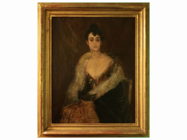 Scuola francese della fine del XIX secolo : Ritratto di giovane donna in abito da sera  - Asta Due case fiorentine - Associazione Nazionale - Case d'Asta italiane