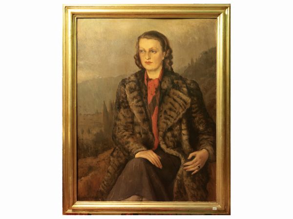 Costanzo Waldemaro Figlinesi : Ritratto di giovane donna entro paesaggio, Anni Trenta  - Asta Due case fiorentine - Associazione Nazionale - Case d'Asta italiane