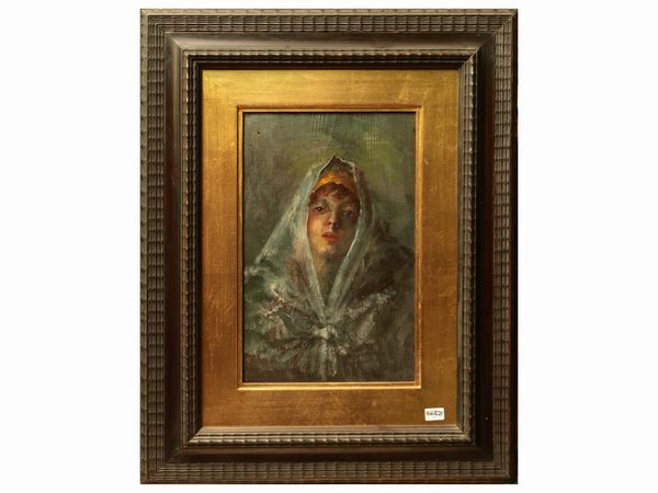 Scuola napoletana dell'inizio del XX secolo : Ritratto femminile velato  - Asta Due case fiorentine - Associazione Nazionale - Case d'Asta italiane