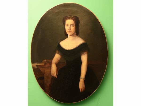 Victor Favier : Ritratto di gentildonna in abito nero e perle, 1872  - Asta Due case fiorentine - Associazione Nazionale - Case d'Asta italiane