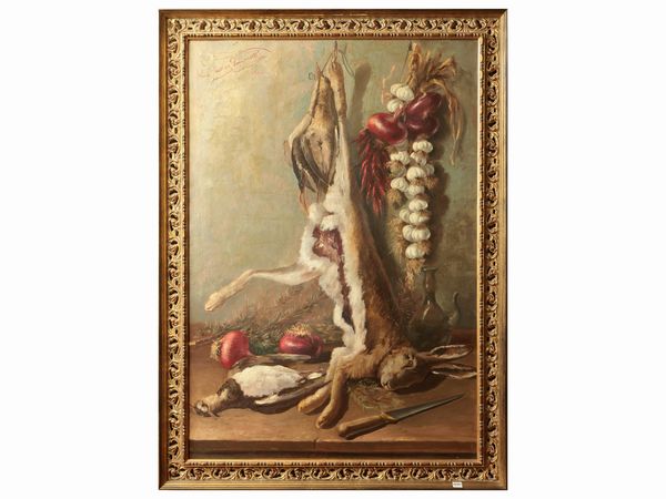 Scuola italiana dell'inizio del XX secolo : Natura morta con cacciagione, 1900  - Asta Due case fiorentine - Associazione Nazionale - Case d'Asta italiane