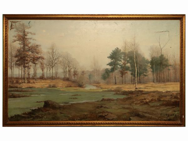 Scuola nordeuropea : Paesaggio invernale con torrente e bosco di betulle  - Asta Due case fiorentine - Associazione Nazionale - Case d'Asta italiane