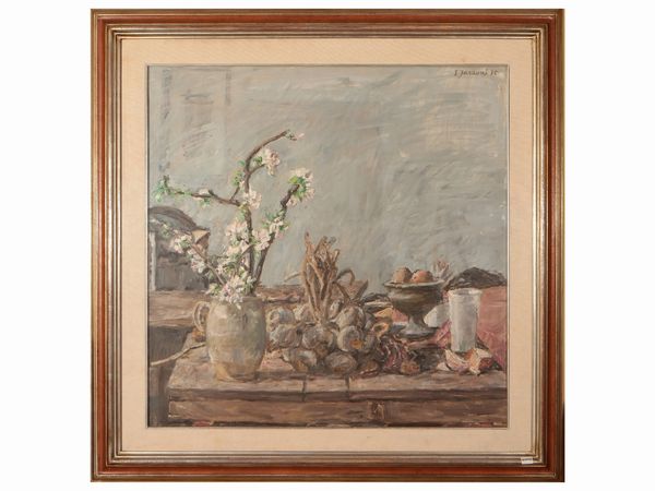 Enzo Faraoni : Composizione con fiori e cipolle 1975  - Asta Due case fiorentine - Associazione Nazionale - Case d'Asta italiane