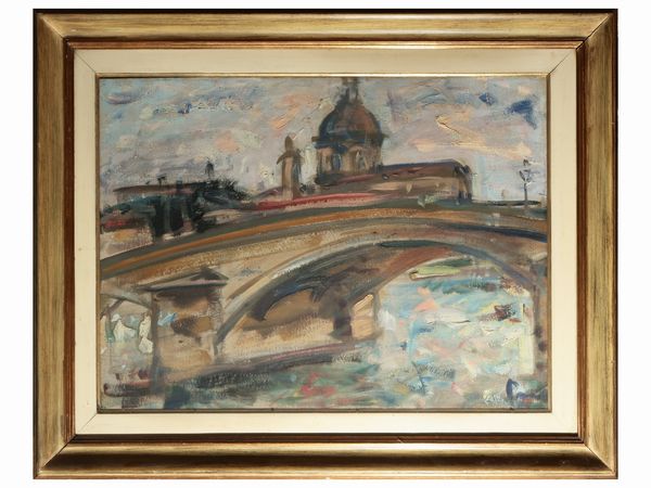 Enzo Pregno : Scorcio di Firenze con ponte  - Asta Due case fiorentine - Associazione Nazionale - Case d'Asta italiane