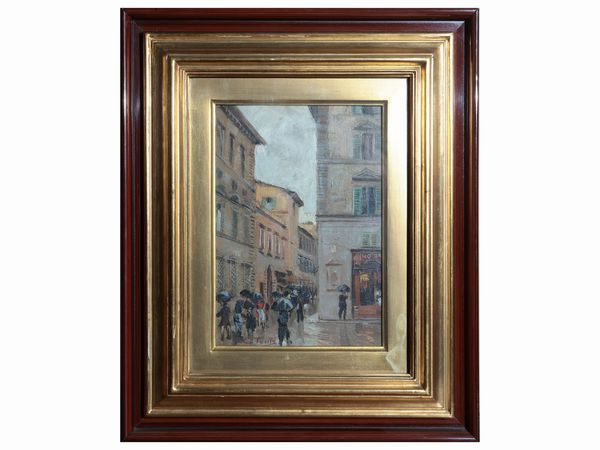 Egidio Tonti : Scorcio fiorentino con passanti sotto la pioggia  - Asta Due case fiorentine - Associazione Nazionale - Case d'Asta italiane
