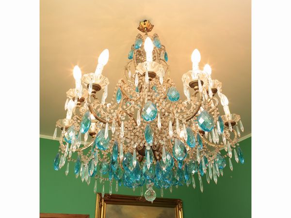 Grande lampadario a paniere in metallo dorato e vetro  - Asta Due case fiorentine - Associazione Nazionale - Case d'Asta italiane