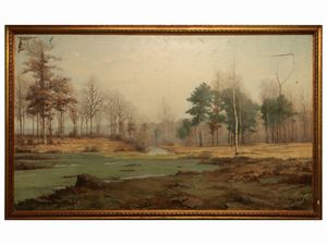 Scuola nordeuropea - Paesaggio invernale con torrente e bosco di betulle