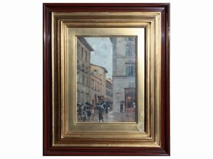 Egidio Tonti - Scorcio fiorentino con passanti sotto la pioggia