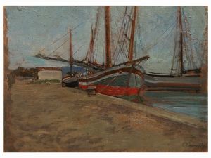 Carlo Passigli - Vedita di porto con barche all'ormeggio