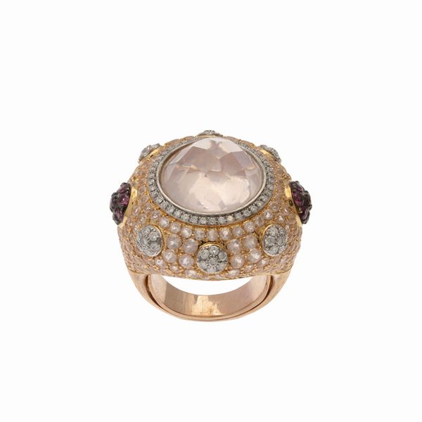 Anello in oro rosa 18kt quarzo rosa sfaccettato  - Asta Gioielli Orologi Bijoux Vintage Web Only - Associazione Nazionale - Case d'Asta italiane