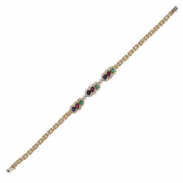 Bracciale in oro giallo 14kt rubini, zaffiri, smeraldi e diamanti  - Asta Gioielli Orologi Bijoux Vintage Web Only - Associazione Nazionale - Case d'Asta italiane