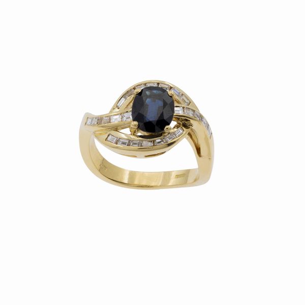 Anello in oro giallo 18kt zaffiro e diamanti  - Asta Gioielli Orologi Bijoux Vintage Web Only - Associazione Nazionale - Case d'Asta italiane
