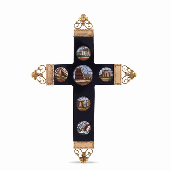 Spilla pendente croce in oro rosa 18kt e micromosaico  - Asta Gioielli Orologi Bijoux Vintage Web Only - Associazione Nazionale - Case d'Asta italiane