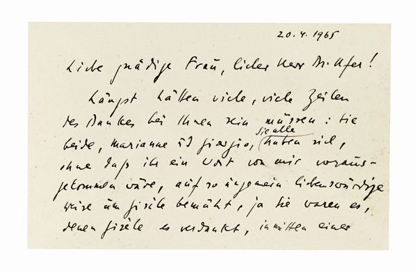 PAUL CELAN : Biglietto autografo firmato, inviato ai coniugi Ufer, Roma.  - Asta Libri, autografi e manoscritti - Associazione Nazionale - Case d'Asta italiane