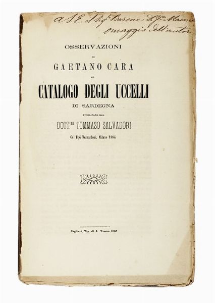 GAETANO CARA : Elenco degli uccelli che trovansi nell'isola di Sardegnà  - Asta Libri, autografi e manoscritti - Associazione Nazionale - Case d'Asta italiane