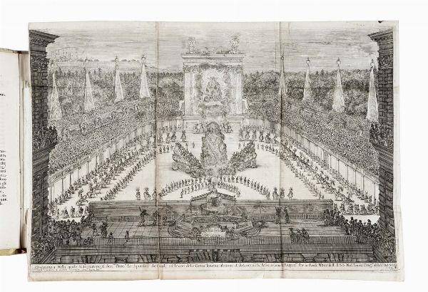 GIOVANNI ANDREA MONIGLIA : Il Mondo Festeggiante. Balletto a cavallo fatto nel teatro congiunto al Palazzo del Sereniss. Gran Duca, per le reali nozze de' serenissimi principi Cosimo Terzo di Toscana, e Margherita Luisa d'Orleans.  - Asta Libri, autografi e manoscritti - Associazione Nazionale - Case d'Asta italiane