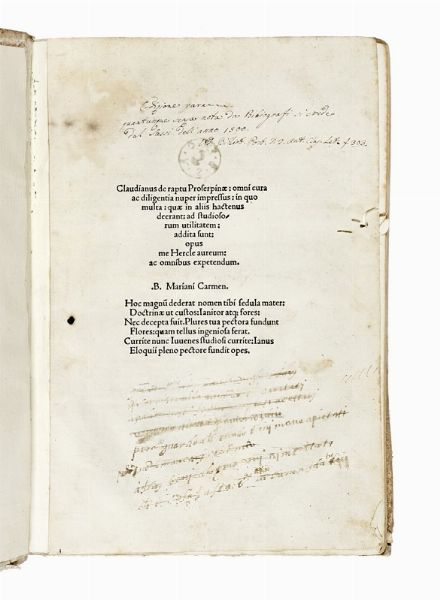 CLAUDIUS CLAUDIANUS : De raptu Proserpinae.  - Asta Libri, autografi e manoscritti - Associazione Nazionale - Case d'Asta italiane