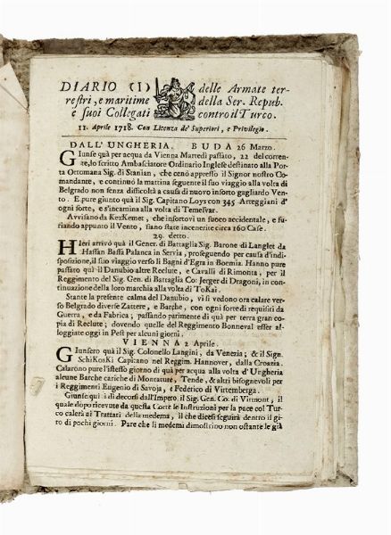 Diario delle Armate terrestri, e maritime della Ser. Repu. e Suoi Collegati contro il Turco.  - Asta Libri, autografi e manoscritti - Associazione Nazionale - Case d'Asta italiane