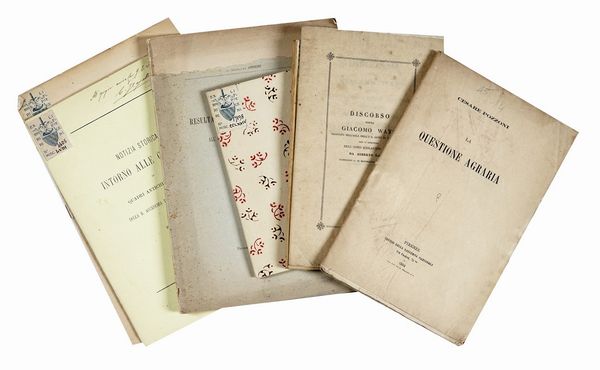 Raccolta di 83 opuscoli relativi all?arte telegrafica, ai fossili metallici, alle miniere, all'arte del ferro, ai pesci, ai fiumi, alla torre di Pisa, alla storia toscana, allagraria, agli animali, alle banche, alla religione ecc.  - Asta Libri, autografi e manoscritti - Associazione Nazionale - Case d'Asta italiane