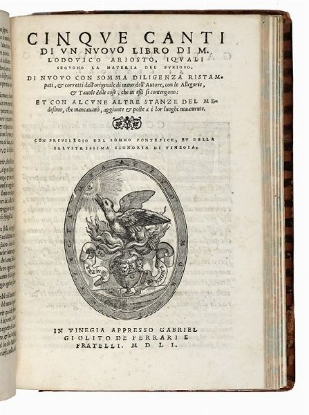 Ludovico Ariosto : Orlando furioso [...] ornato di varie figure con alcune stanze, et Cinque canti d'un nuovo libro...  - Asta Libri, autografi e manoscritti - Associazione Nazionale - Case d'Asta italiane