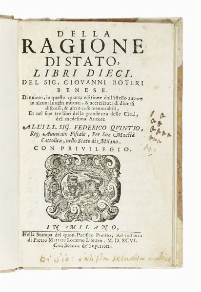 GIOVANNI BOTERO : Della ragione di stato, libri dieci [...] Et nel fine tre libri della grandezza delle citt.  - Asta Libri, autografi e manoscritti - Associazione Nazionale - Case d'Asta italiane