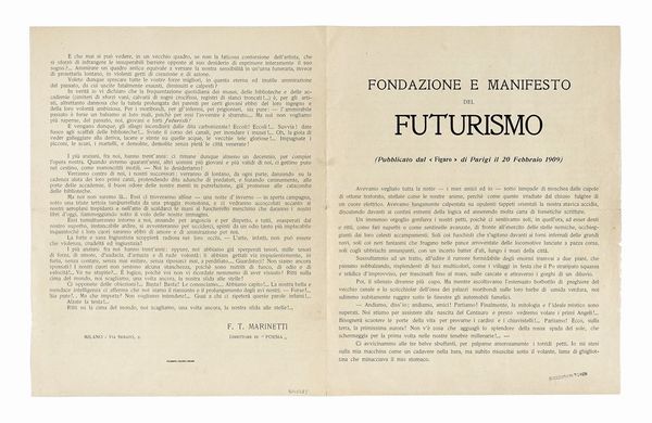 Filippo Tommaso Marinetti : Fondazione e manifesto del Futurismo. (Pubblicato dal 'Figaro' di Parigi il 20 Febbraio 1909).  - Asta Libri, autografi e manoscritti - Associazione Nazionale - Case d'Asta italiane