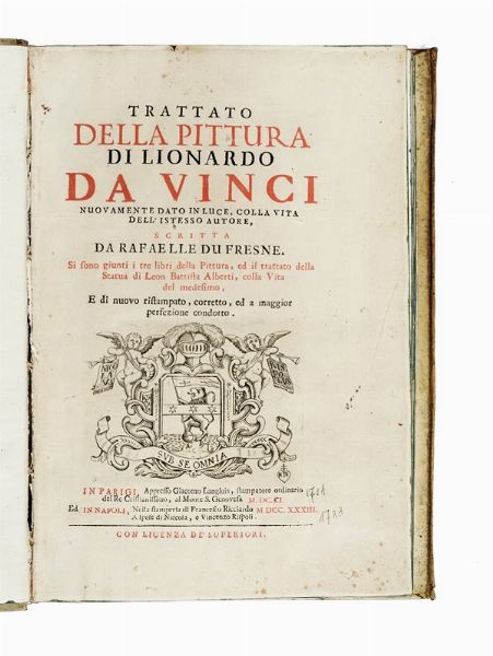 LEONARDO DA VINCI : Trattato della pittura di Lionardo da Vinci [...] Si sono giunti i tre libri della Pittura, ed il trattato della Statua di Leon Battista Alberti, colla vita del medesimo.  - Asta Libri, autografi e manoscritti - Associazione Nazionale - Case d'Asta italiane