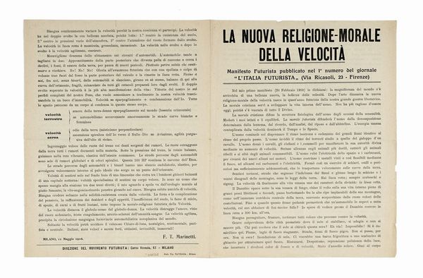 Filippo Tommaso Marinetti : La nuova religione-morale della velocit. Manifesto futurista pubblicato nel 1 numero del giornale L'Italia futurista (Via Ricasoli, 23 - Firenze).  - Asta Libri, autografi e manoscritti - Associazione Nazionale - Case d'Asta italiane