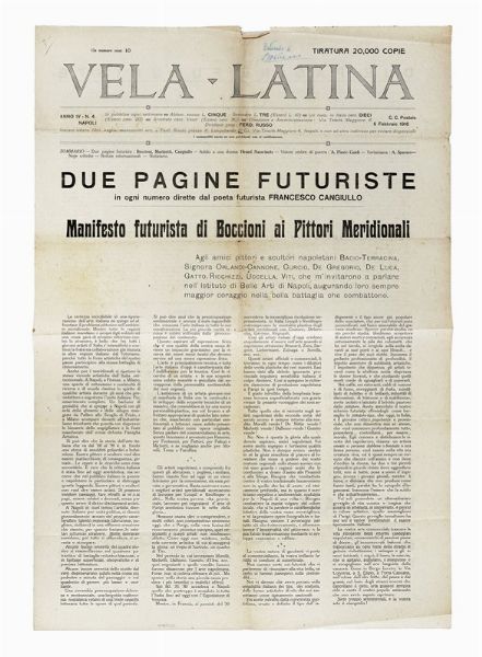 Umberto Boccioni : Vela Latina. Manifesto di Boccioni ai pittori meridionali. (Anno IV, n. 4).  - Asta Libri, autografi e manoscritti - Associazione Nazionale - Case d'Asta italiane