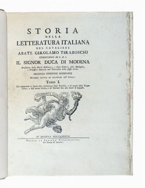 GIROLAMO TIRABOSCHI : Storia della letteratura italiana...  - Asta Libri, autografi e manoscritti - Associazione Nazionale - Case d'Asta italiane