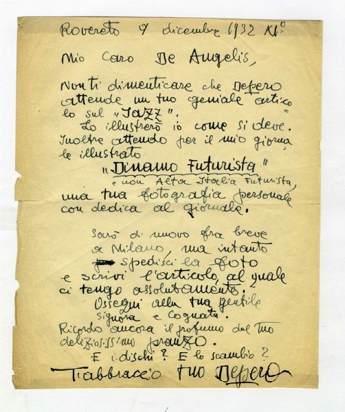 FORTUNATO DEPERO : Lettera autografa firmata.  - Asta Libri, autografi e manoscritti - Associazione Nazionale - Case d'Asta italiane