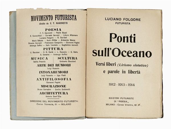 LUCIANO [PSEUD. DI VECCHI OMERO] FOLGORE : Ponti sull'oceano. Versi liberi e parole in libert.  - Asta Libri, autografi e manoscritti - Associazione Nazionale - Case d'Asta italiane