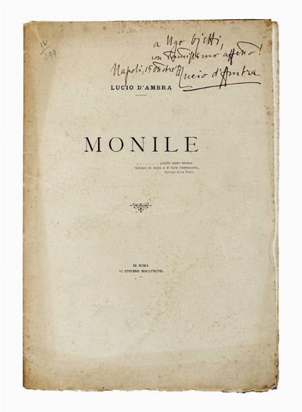 LUCIO D'AMBRA : Monile.  - Asta Libri, autografi e manoscritti - Associazione Nazionale - Case d'Asta italiane