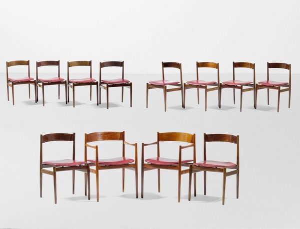 GIANFRANCO FRATTINI : Dieci sedie e due capotavola variante mod. 101  - Asta Design Lab - Associazione Nazionale - Case d'Asta italiane