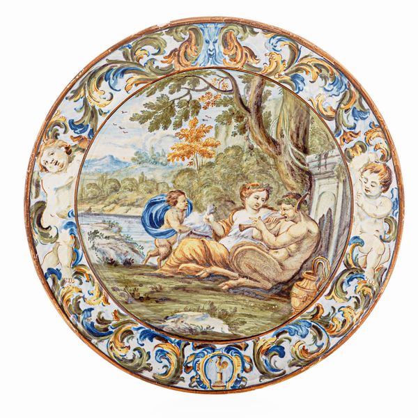 Piatto con satiro e ninfa<BR>Castelli, bottega Carlo Antonio Grue, 1700 circa<BR>  - Asta Maioliche e Porcellane - Associazione Nazionale - Case d'Asta italiane
