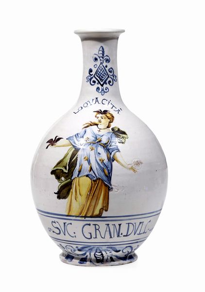 Bottiglia con lallegoria della Loquacit<BR>Castelli, Bottega dei Gentili, prima met del XVIII secolo <BR>  - Asta Maioliche e Porcellane - Associazione Nazionale - Case d'Asta italiane