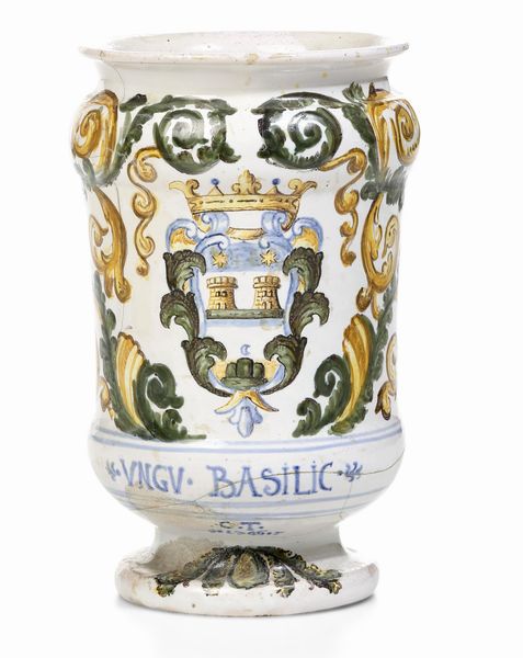 Albarello datato 1746<BR>Castelli, Bottega dei Gentili (?)<BR>  - Asta Maioliche e Porcellane - Associazione Nazionale - Case d'Asta italiane